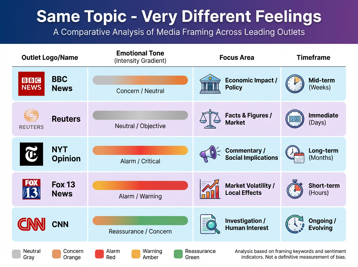 Comparison chart showing emotional tone differences across BBC, Reuters, NYT, Fox News, and CNN
