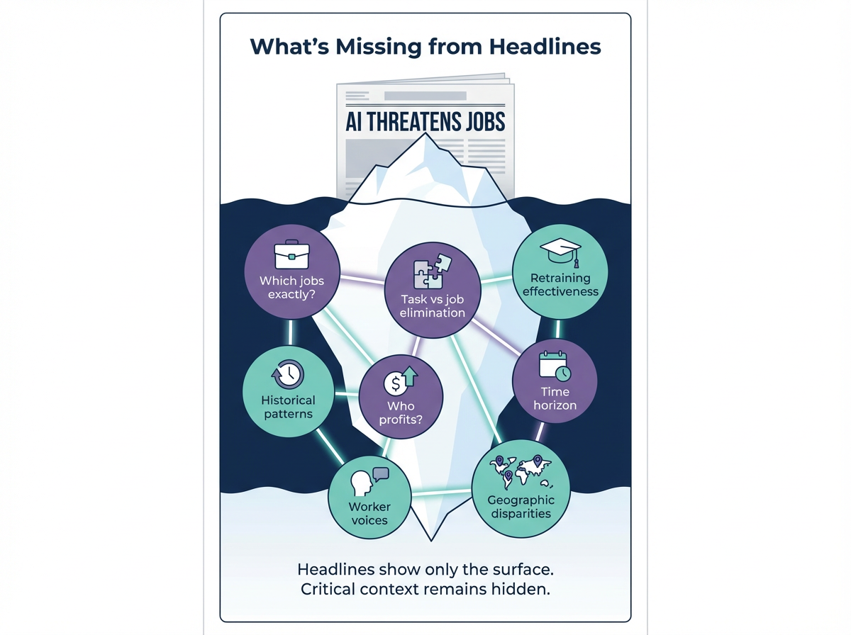 Iceberg metaphor showing context missing from typical news headlines about AI and jobs
